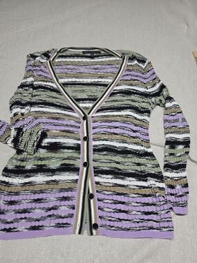 White House Black Market Striped V-Neck Button Cardigan in Lilac, Olive & Black